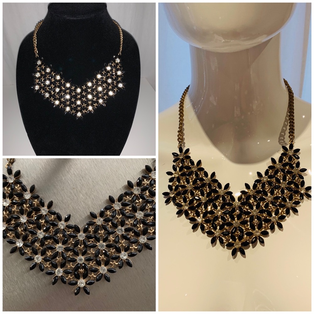 Vintage Gold Necklace Black Flowers & Rhinestones